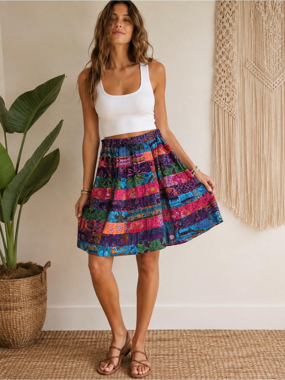 Silverstream Patchwork Boho Cotton Midi Skirt One Size Colorful Festival whimsy
